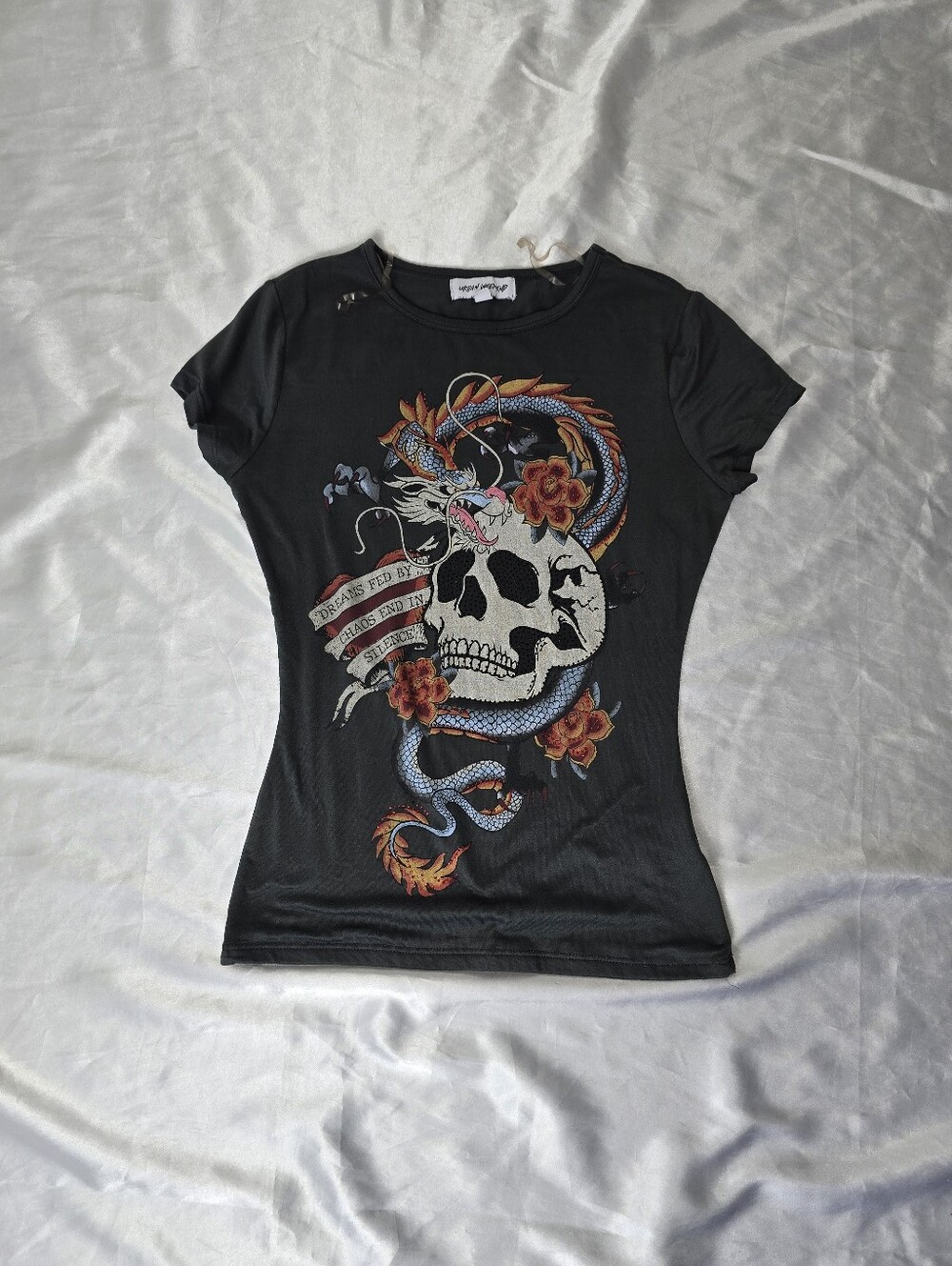 Y2k Urban Weekend Skull & Dragon Graphic Tee Dark Grey Y2K Tattoo Style